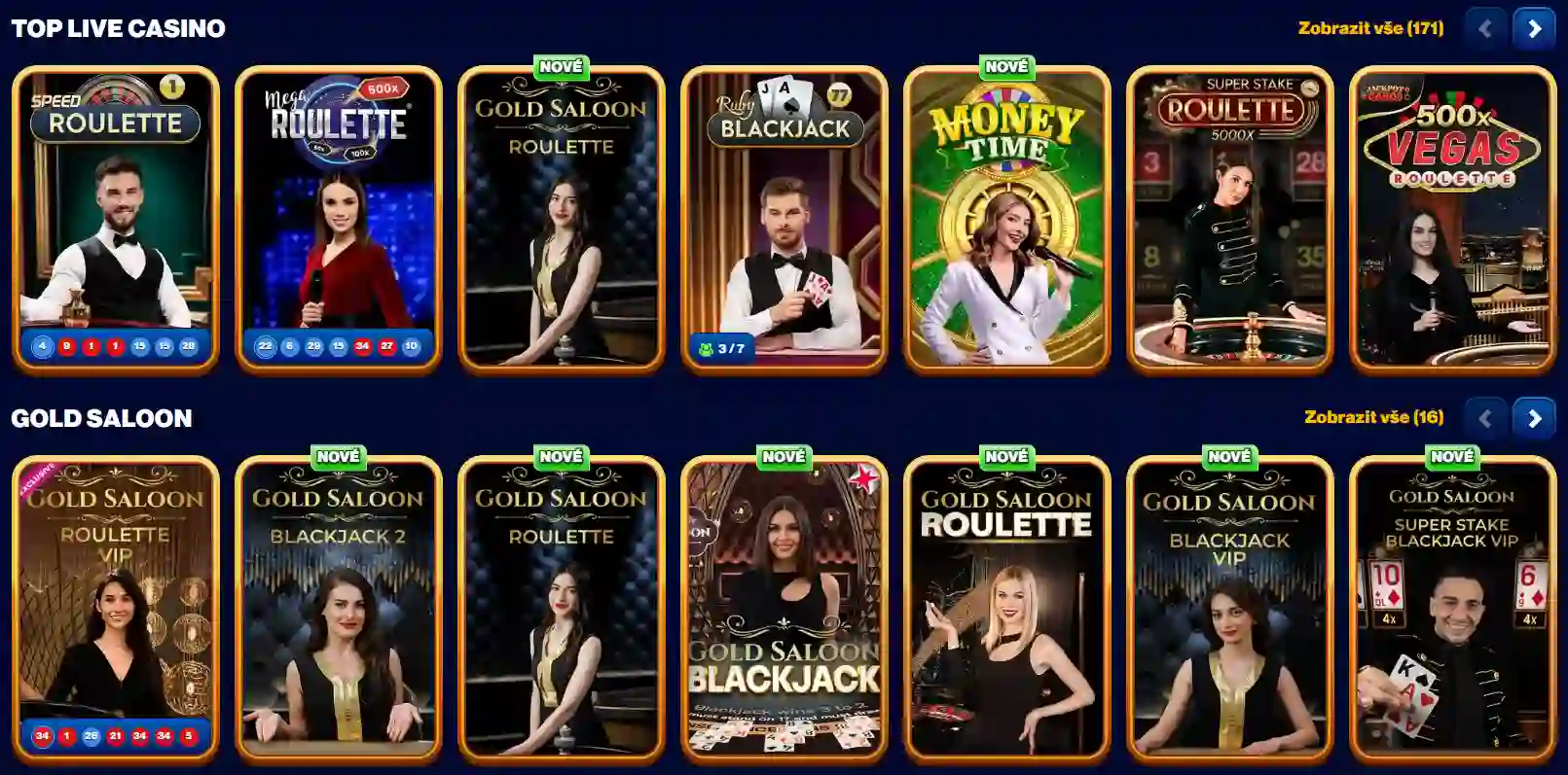 Live casino lobby Spins of Glory s výběrem stolních her a herních show