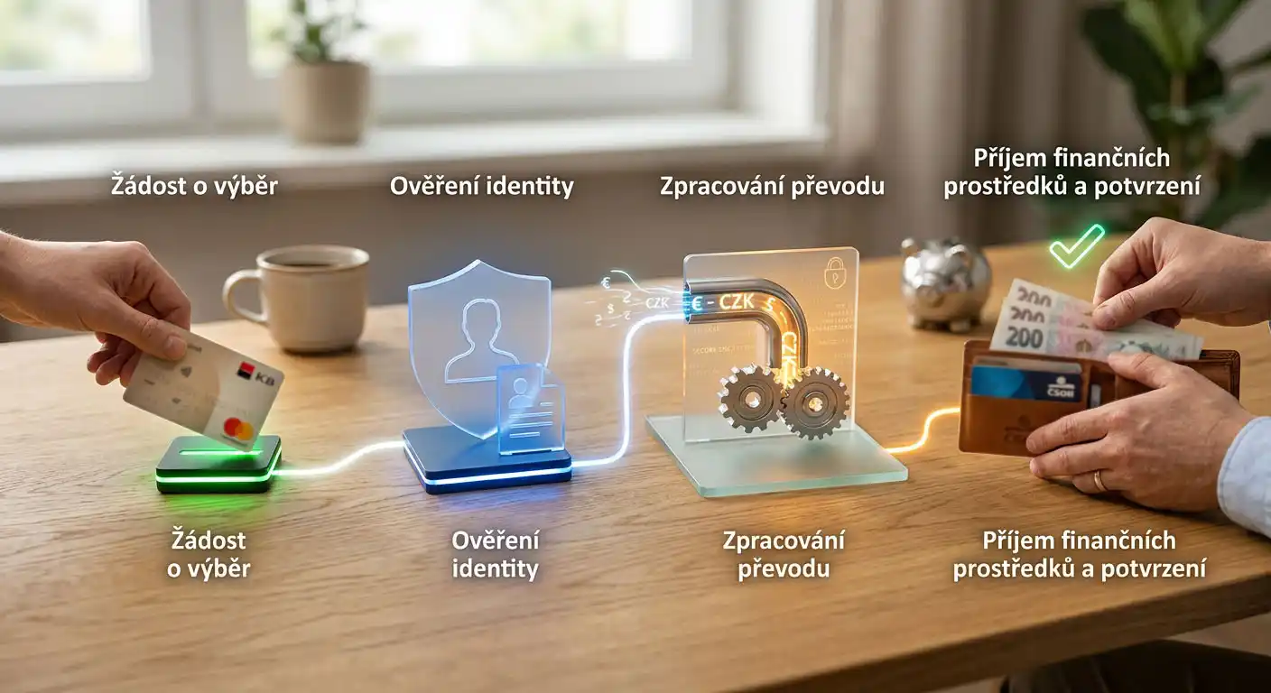 Čtyři kroky výběru peněz od žádosti přes ověření účtu až po přijetí platby